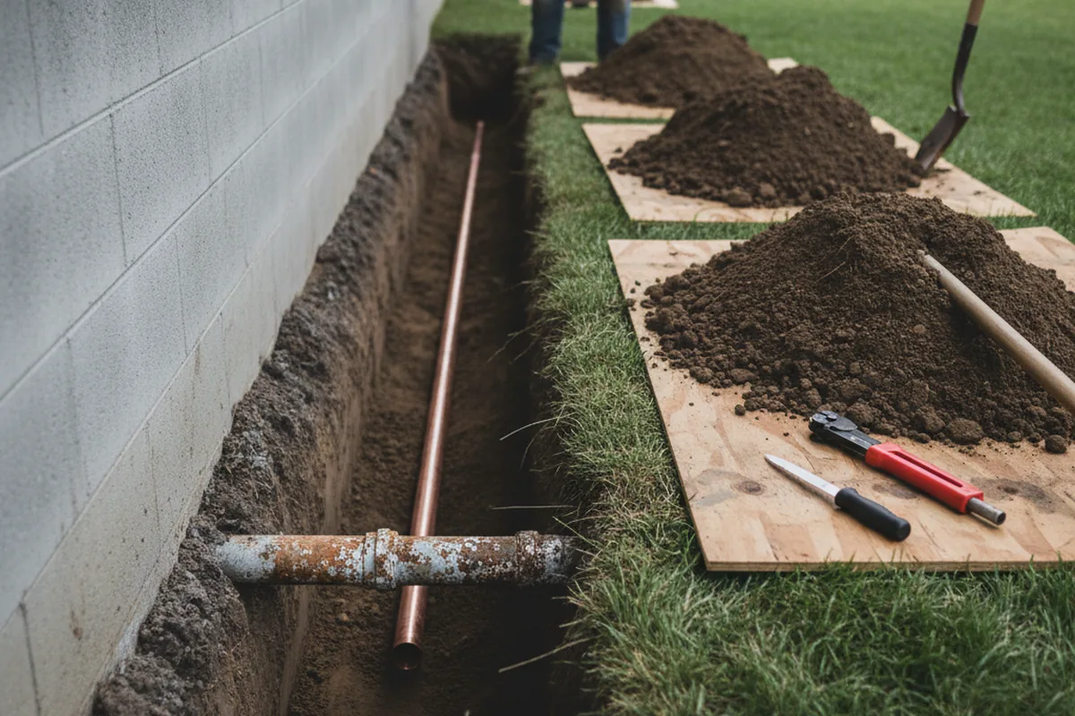 Excavated water line trench during Sewer Line Repair in Sunbury